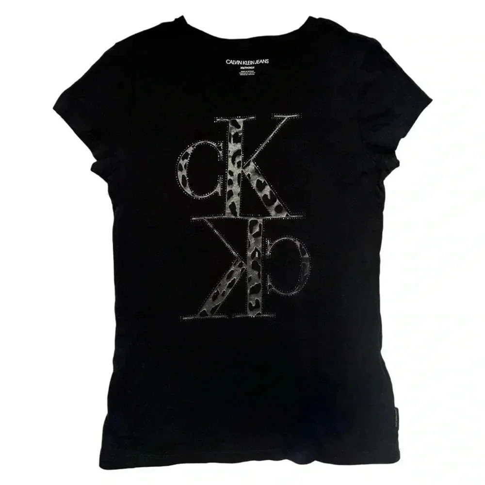 (Like-New) Calvin Klein Studded Leopard Print Monogram Tee – Black XS